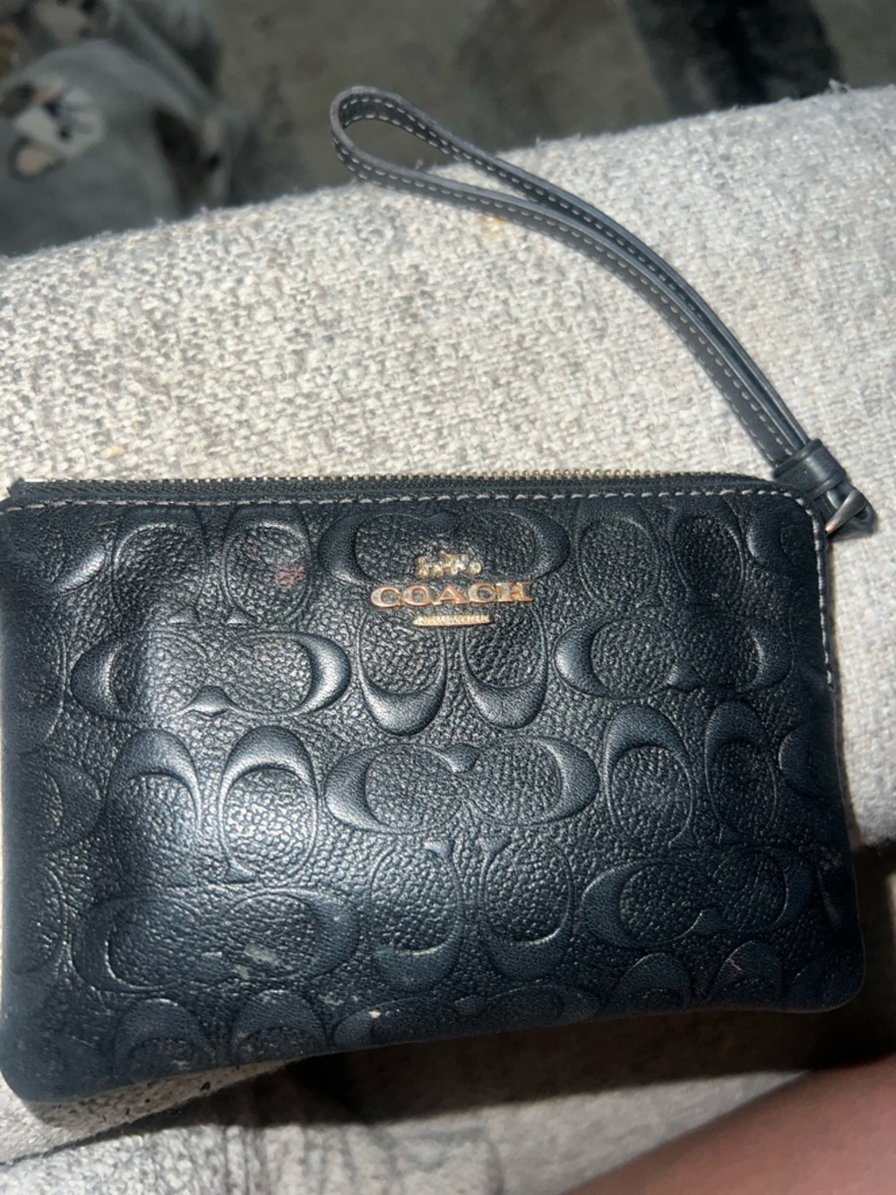 Coach Black Embossed Leather Wristlet with Gold Logo
